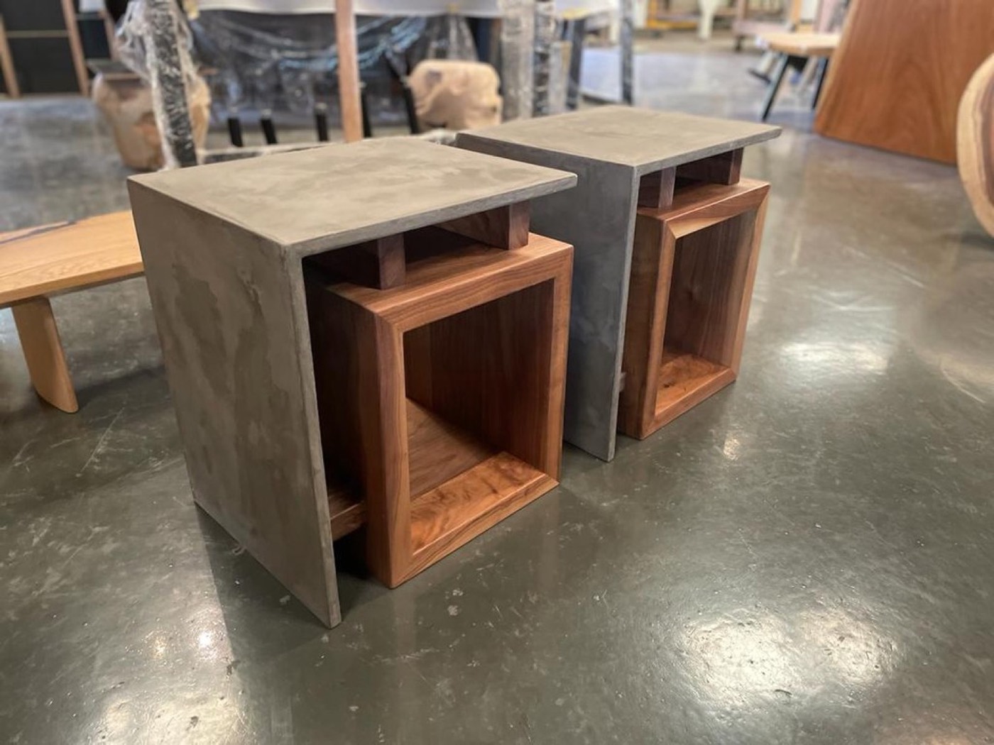 Bespoke side tables combining wood and microtopping