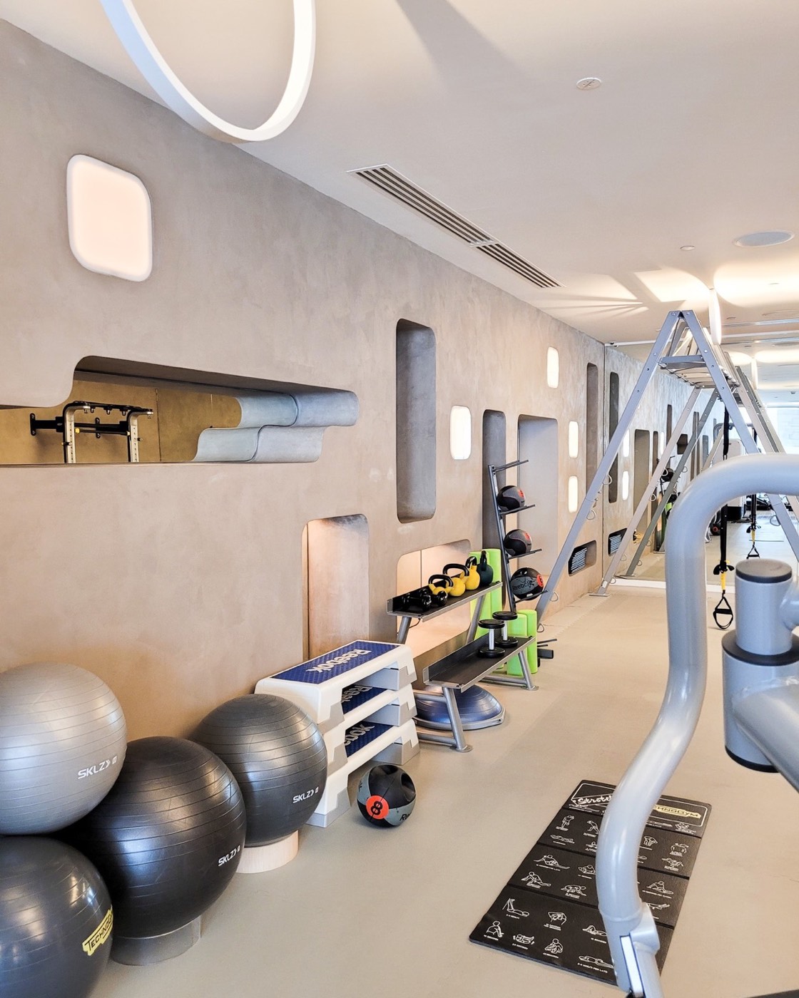 Seamless sculpted microtopping wall in a private gym